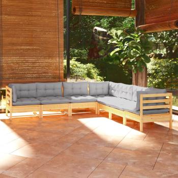 ARDEBO.de - 7-tlg. Garten-Lounge-Set mit Grauen Kissen Kiefer Massivholz