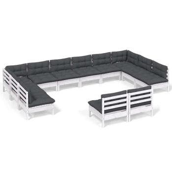 12-tlg. Garten-Lounge-Set mit Kissen Weiß Kiefer Massivholz