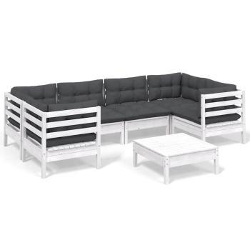 7-tlg. Garten-Lounge-Set mit Kissen Weiß Kiefernholz