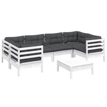 7-tlg. Garten-Lounge-Set mit Kissen Weiß Kiefernholz
