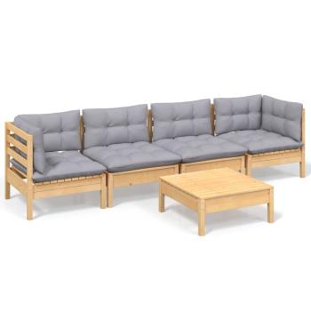 ARDEBO.de - 5-tlg. Garten-Lounge-Set mit Grauen Kissen Kiefer Massivholz