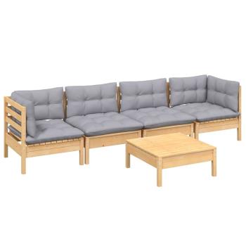 5-tlg. Garten-Lounge-Set mit Grauen Kissen Kiefer Massivholz