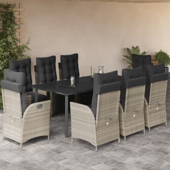ARDEBO.de - 9-tlg. Garten-Essgruppe mit Kissen Hellgrau Poly Rattan