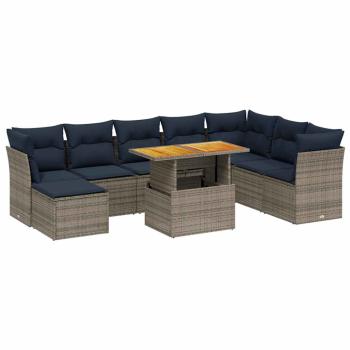 9-tlg. Garten-Sofagarnitur mit Kissen Grau Poly Rattan