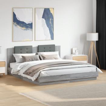 ARDEBO.de - Bettgestell mit Kopfteil Grau Sonoma 200x200cm Holzwerkstoff