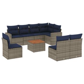 9-tlg. Garten-Sofagarnitur mit Kissen Grau Poly Rattan