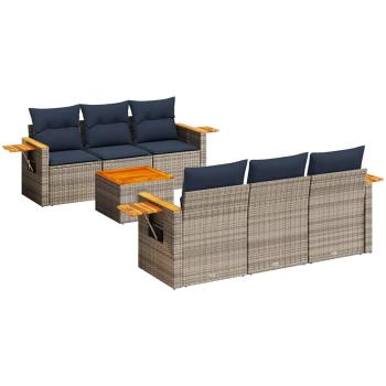 7-tlg. Garten-Sofagarnitur mit Kissen Grau Poly Rattan