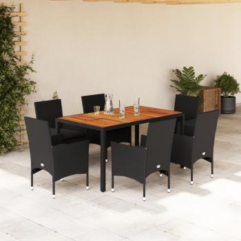 ARDEBO.de - 7-tlg. Garten-Essgruppe mit Kissen Schwarz Poly Rattan Akazie