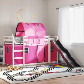 ARDEBO.de - Etagenbett mit Rutsche und Gardinen Rosa 90x200 cm