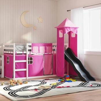 ARDEBO.de - Etagenbett mit Rutsche und Gardinen Rosa 90x200 cm
