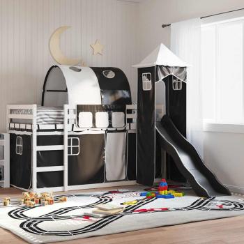 ARDEBO.de - Etagenbett mit Rutsche und Gardinen Weiß und Schwarz 90x200 cm