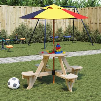 ARDEBO.de - Picknicktisch für 4 Kinder mit Sonnenschirm Rund Tannenholz