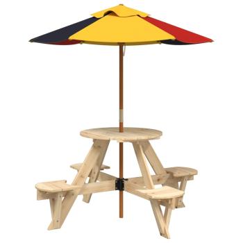 Picknicktisch für 4 Kinder mit Sonnenschirm Rund Tannenholz