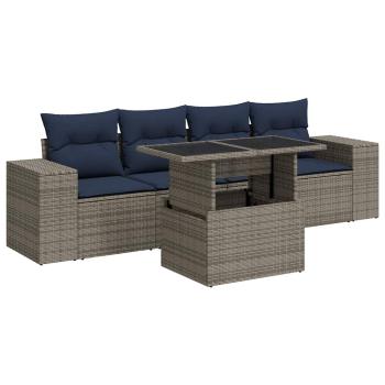 5-tlg. Garten-Sofagarnitur mit Kissen Grau Poly Rattan Akazie