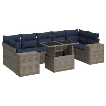 8-tlg. Garten-Sofagarnitur mit Kissen Grau Poly Rattan Akazie