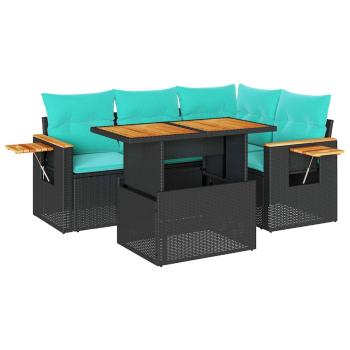 5tlg. Garten-Sofagarnitur mit Kissen Schwarz Poly Rattan Akazie