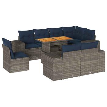 9-tlg. Garten-Sofagarnitur mit Kissen Grau Poly Rattan