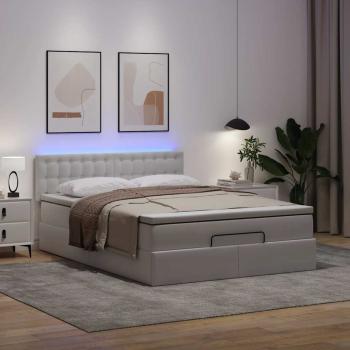 Ottoman-Bett mit Matratzen & LEDs Reinweiß 140x190cm Kunstleder