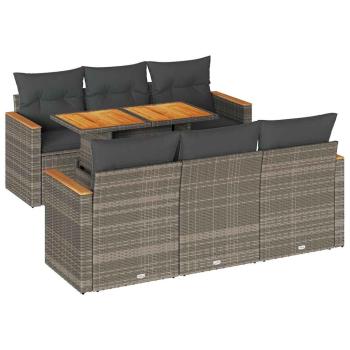 7-tlg. Garten-Sofagarnitur mit Kissen Grau Poly Rattan Akazie