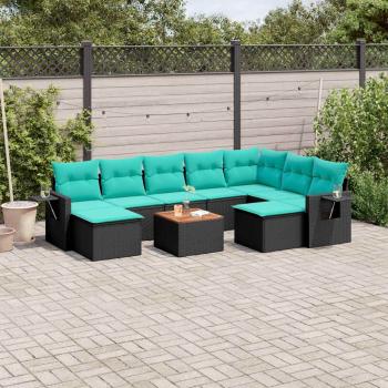 ARDEBO.de - 10-teiliges Gartensofa-Set mit Kissen, schwarzes Polyrattan
