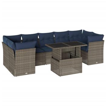 8-teiliges Gartensofa-Set mit Kissen, grau, Polyrattan