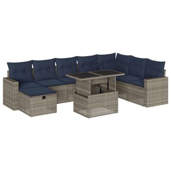 9-teiliges Gartensofa-Set mit Kissen, grau, Polyrattan