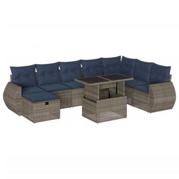 9-teiliges Gartensofa-Set mit Kissen, grau, Polyrattan