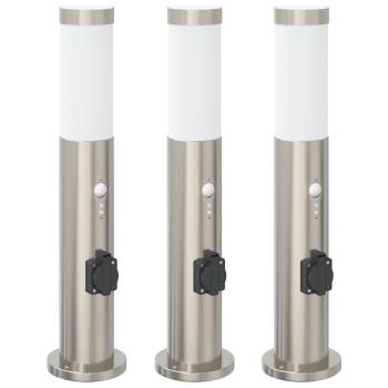 Pollerleuchten mit Sensor&Steckdose 3er 50 cm Edelstahl IP44