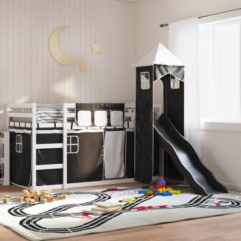 ARDEBO.de - Etagenbett mit Rutsche und Gardinen Weiß und Schwarz 90x200 cm