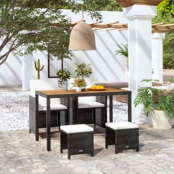 ARDEBO.de - 5-tlg. Garten-Essgruppe Poly Rattan Akazienholz Schwarz