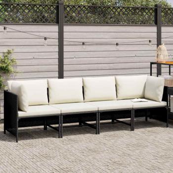 4-Sitzer-Gartensofa mit Auflagen Schwarz Poly Rattan