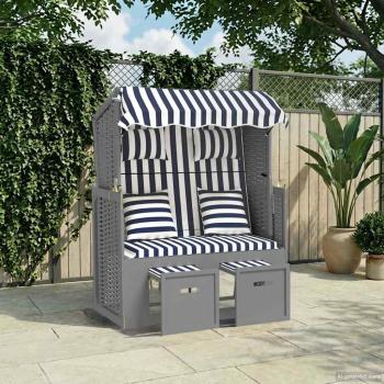ARDEBO.de - Strandkorb mit Kissen Poly Rattan und Massivholz Blau & Weiß