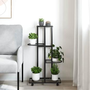 Blumenständer 4-Etagen mit Rollen 44x23x80 cm Schwarz Eisen