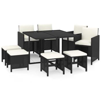 9-tlg. Garten-Essgruppe mit Kissen Poly Rattan Schwarz