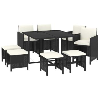 9-tlg. Garten-Essgruppe mit Kissen Poly Rattan Schwarz