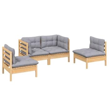 4-tlg. Garten-Lounge-Set mit Grauen Kissen Kiefer Massivholz