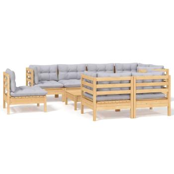 9-tlg. Garten-Lounge-Set mit Grauen Kissen Kiefer Massivholz