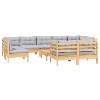 10-tlg. Garten-Lounge-Set mit Grauen Kissen Kiefer Massivholz