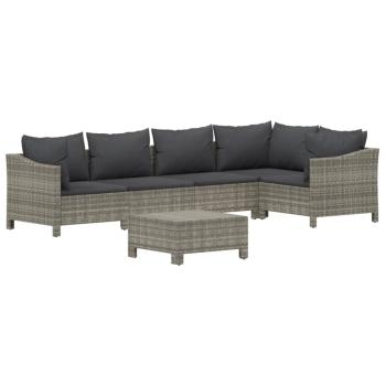 6-tlg. Garten-Lounge-Set mit Kissen Grau Poly Rattan