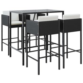 5-tlg. Gartenbar-Set mit Kissen Schwarz Poly Rattan