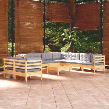 ARDEBO.de - 10-tlg. Garten-Lounge-Set mit Grauen Kissen Massivholz Kiefer