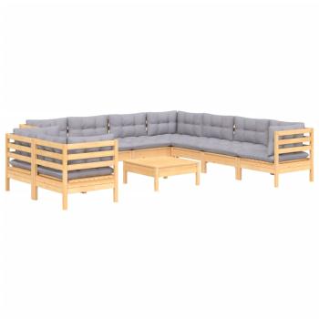 10-tlg. Garten-Lounge-Set mit Grauen Kissen Massivholz Kiefer