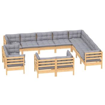 ARDEBO.de - 12-tlg. Garten-Lounge-Set mit Grauen Kissen Massivholz Kiefer