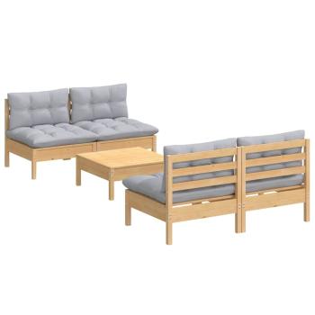5-tlg. Garten-Lounge-Set mit Grauen Kissen Kiefernholz