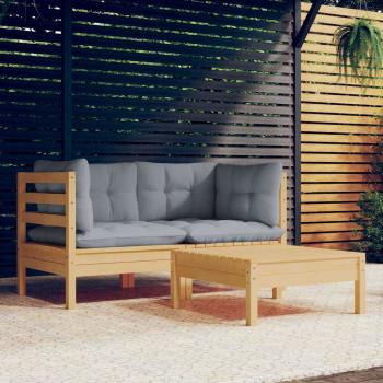 ARDEBO.de - 3-tlg. Garten-Lounge-Set mit Grauen Kissen Kiefernholz