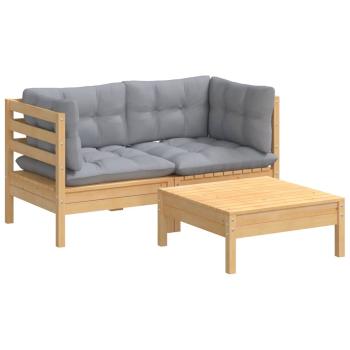 3-tlg. Garten-Lounge-Set mit Grauen Kissen Kiefernholz