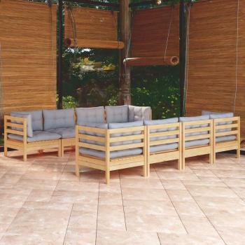 ARDEBO.de - 9-tlg. Garten-Lounge-Set mit Grauen Kissen Kiefer Massivholz