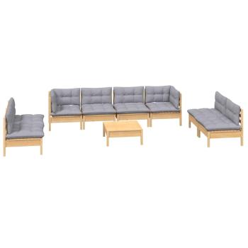 9-tlg. Garten-Lounge-Set mit Grauen Kissen Kiefer Massivholz