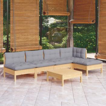 ARDEBO.de - 6-tlg. Garten-Lounge-Set mit Grauen Kissen Kiefernholz