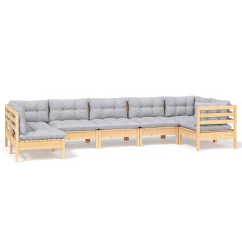 7-tlg. Garten-Lounge-Set mit Grauen Kissen Kiefernholz